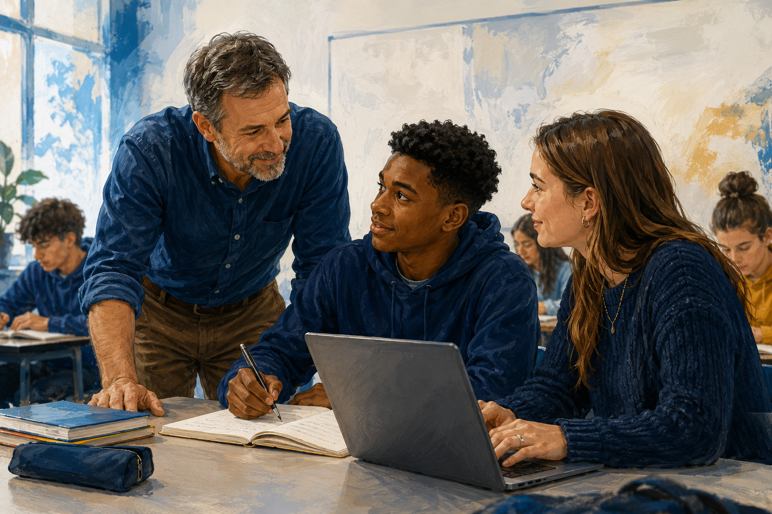 Illustration of a teacher discussing classwork with students using a laptop and notebook.